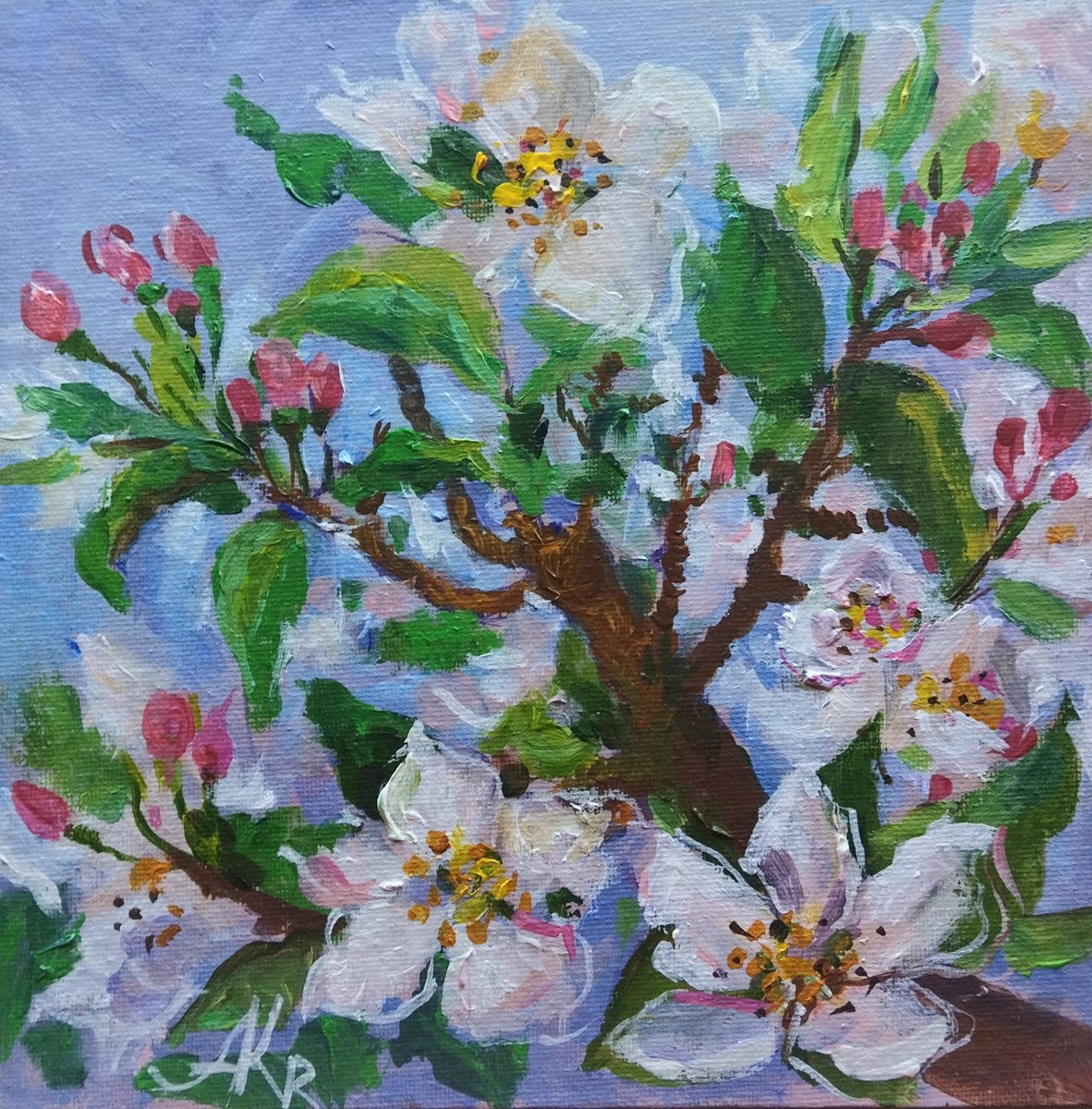 Impressionistic Botanical Acrylic Painting By Ann Krasikova, 8 X 8, Apple Blossom. Spring Tree, Original Artwork