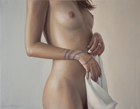 Nude with white scarf.