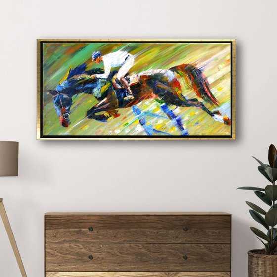 Graceful Horse Leap: Dynamic Equestrian Artwork in Vibrant Oil Colors