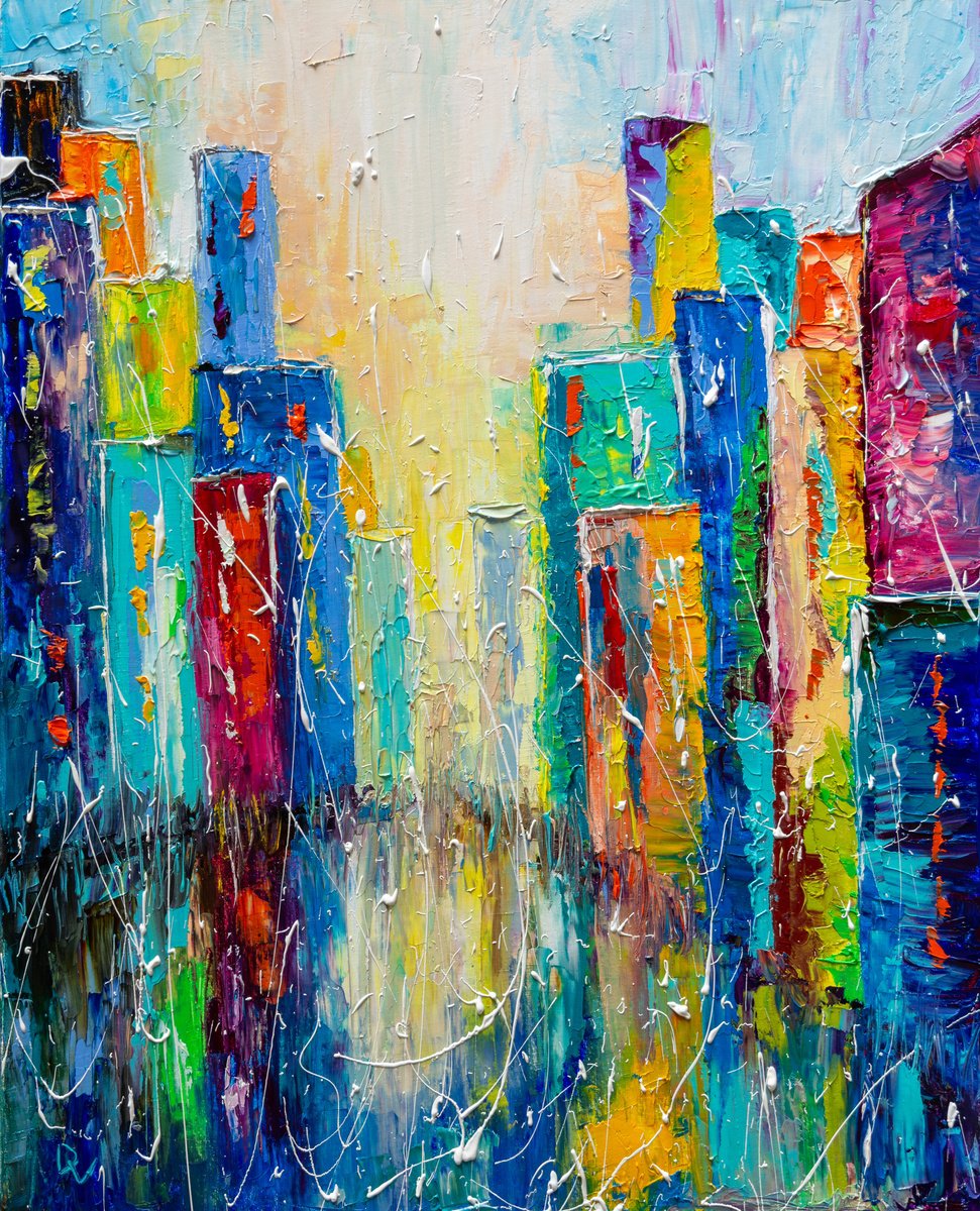 Abstract Cityscapes Oil Painting By Vladyslav Durniev, 16 X 20", Rainy, Original Artwork