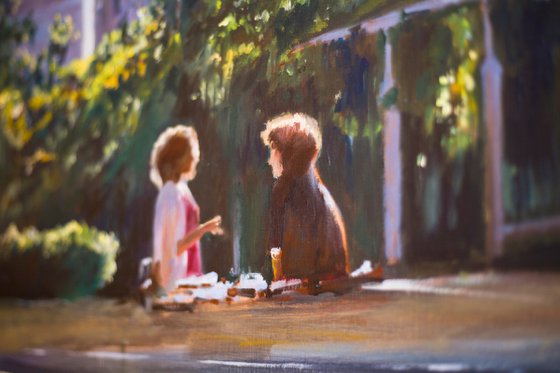 Picnic in Paris. Parisians series. Cityscape with two girls talking in Montmartre Park. Original oil painting. Contrast bright city urban landscape view sun light.