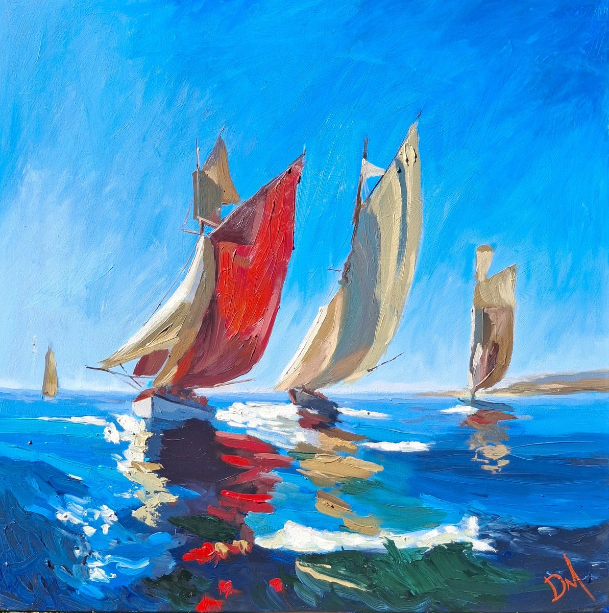Impressionistic Landscape Oil Painting By Daniel Murgatroyd, 31 X 31, Sailing Force, Original Artwork