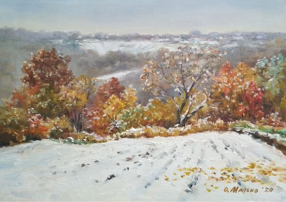 First snowfall /  Autumn winter season. Panoramic landscape. Original art work