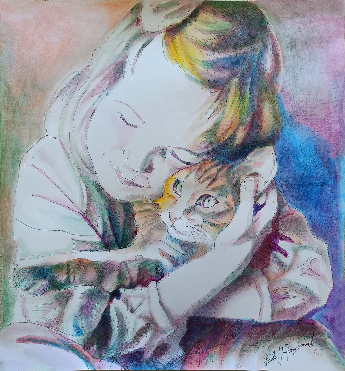 Expressive Portrait Acrylic Painting By Paola Imposimato, 14 X 16", The Soft Embrace, Original Artwork