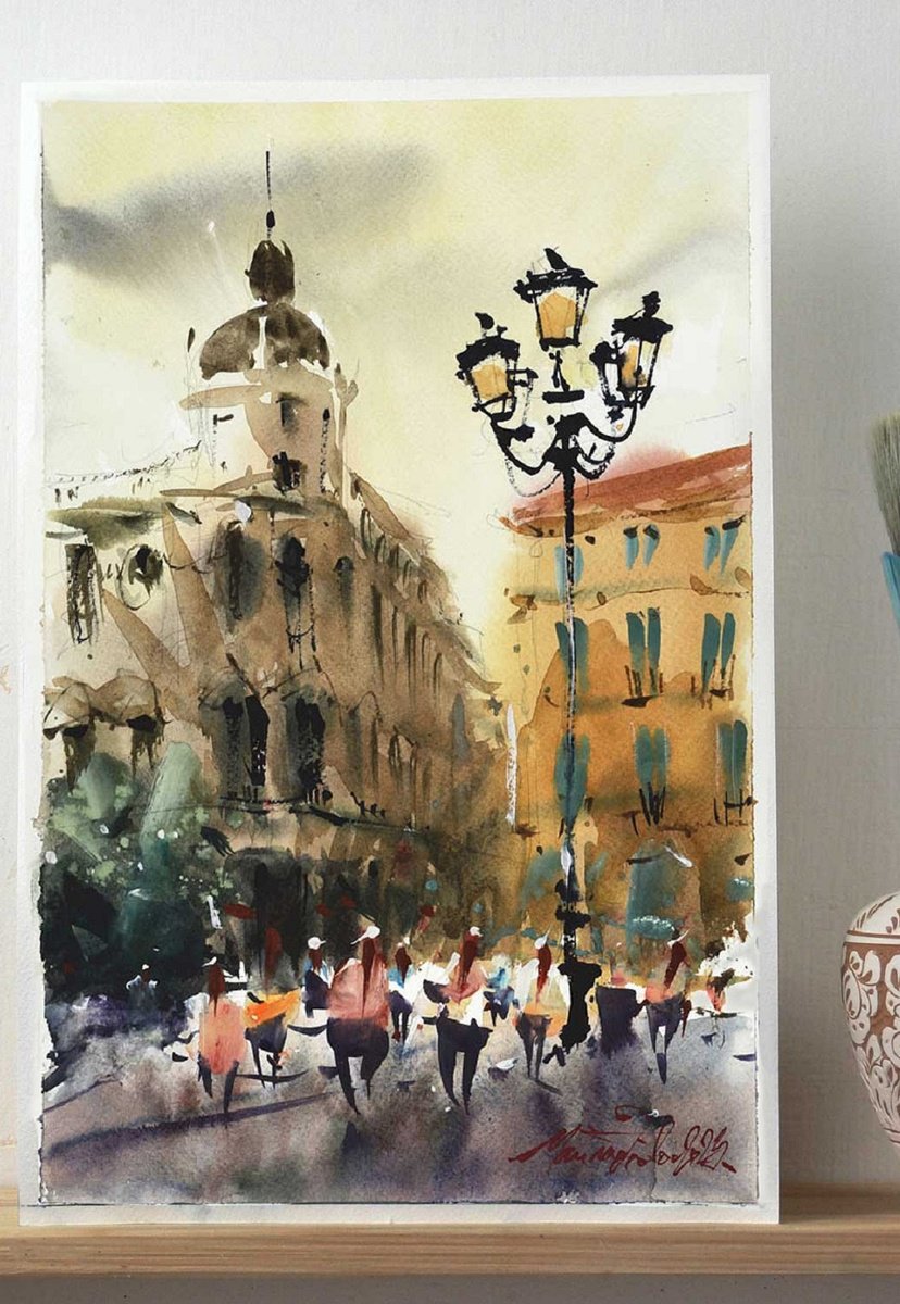 Impressionistic Cityscapes Watercolour By Marin Victor, 9 X 14", Madrid, Watercolor Painting., Original Artwork