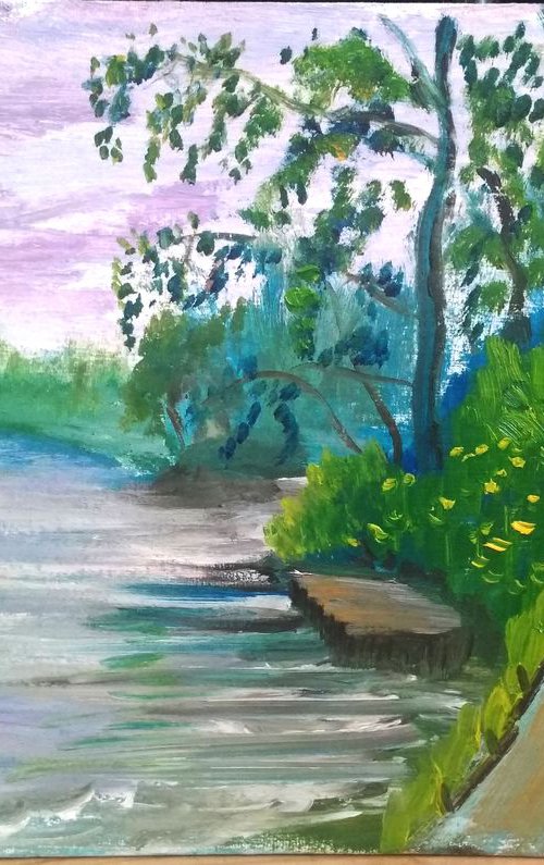 Overcast on the Pond in Village Plein Air Painting by Dmitry Fedorov