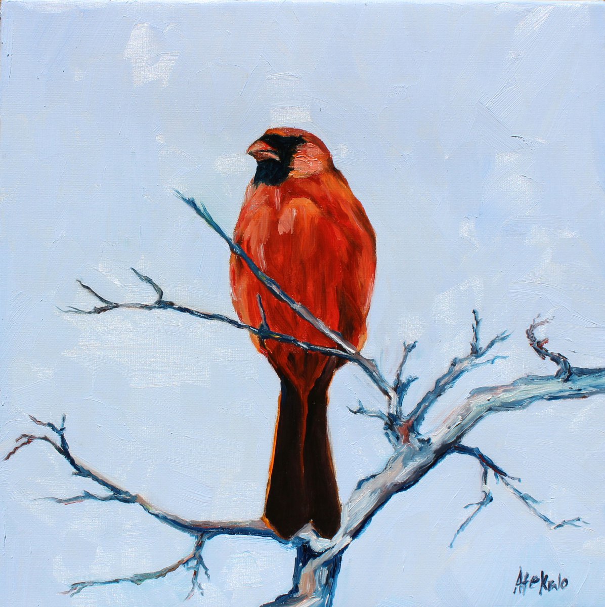 Impressionistic Animal Oil Painting By Afekwo, 12 X 12, Song Birds - Cardinal Ii, Original Artwork