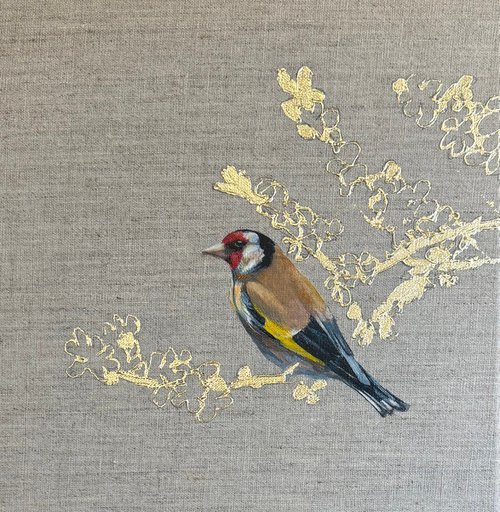 Goldfinch on Gold Leaf Blossoms by Hannah  Bruce