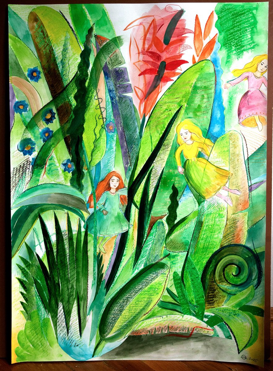 Illustrative Botanical Painting By Szilvia Sztankovits, 20 X 28", Fairies Of The Forest, Original Artwork