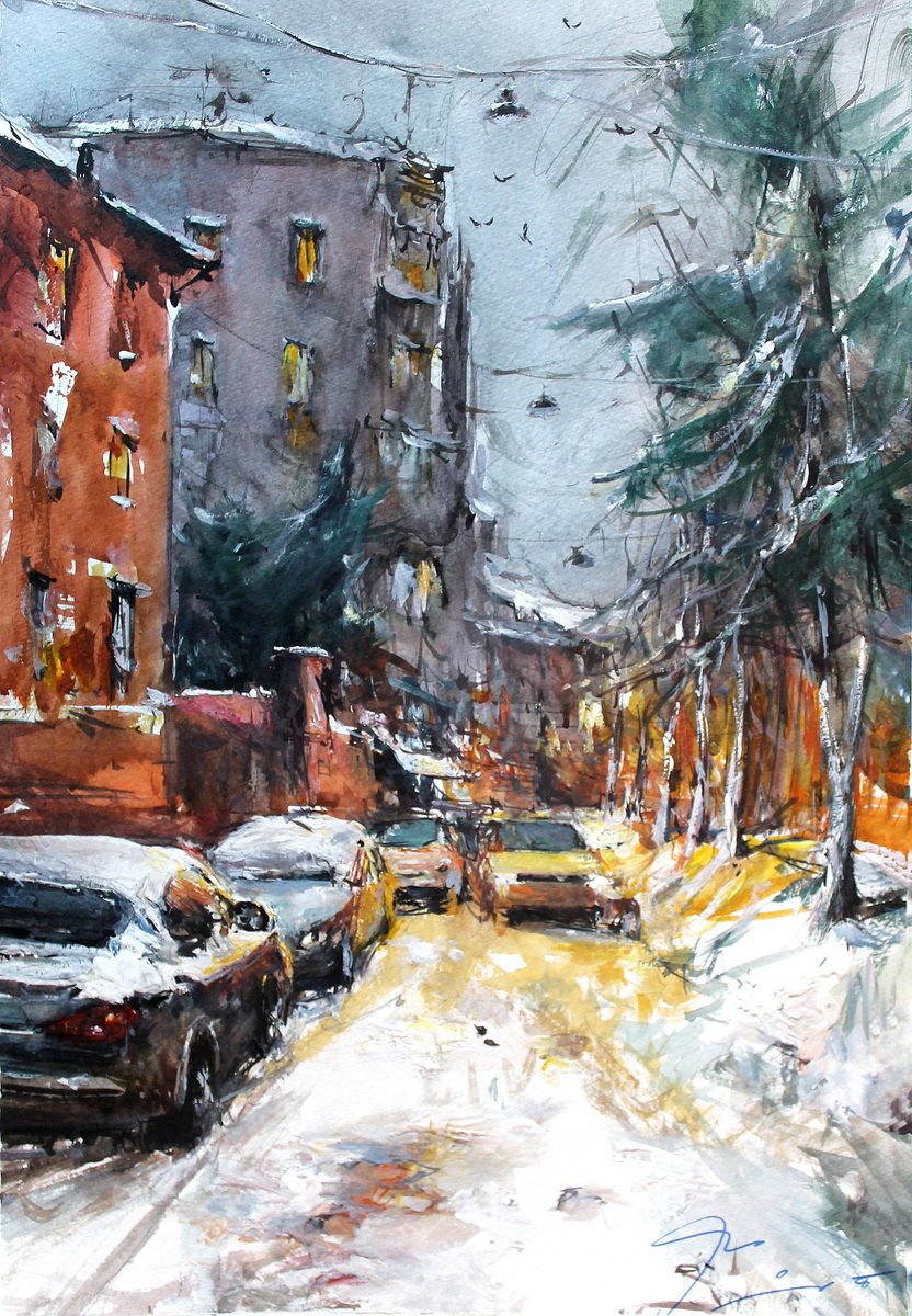 Impressionistic Watercolour , The City After The Snowfall By Maximo Damico, 10 X 15, Artwork For Sale On Artfinder