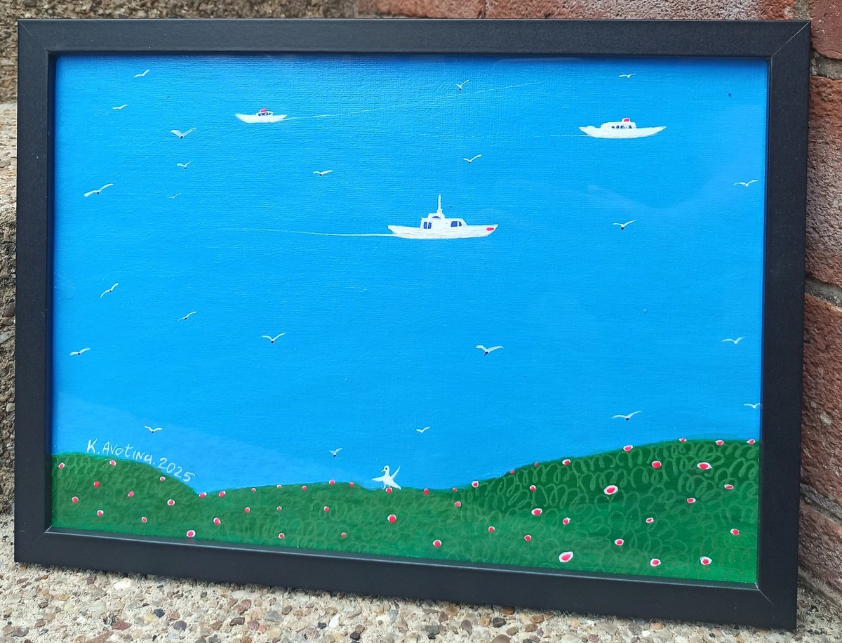 Impressionistic Landscape Acrylic Painting By Katrina Avotina, 13 X 9", Seabirds, Original Artwork