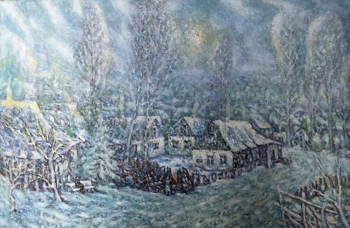 Impressionistic Landscape Oil Painting By Ivan Shapoval, 43 X 28, Winter In The Village, Original Artwork