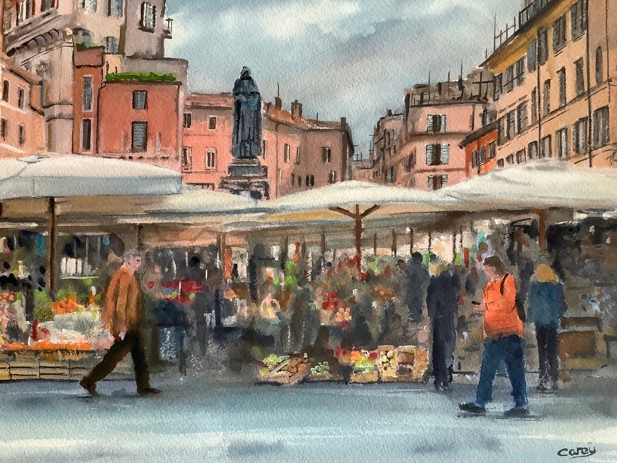 Impressionistic Cityscapes Watercolour By Darren Carey, 15 X 11, Campo De Fior Market, Original Artwork