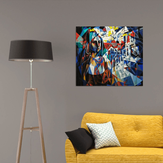 Waiting (90x80cm, cubism, oil painting, ready to hang)