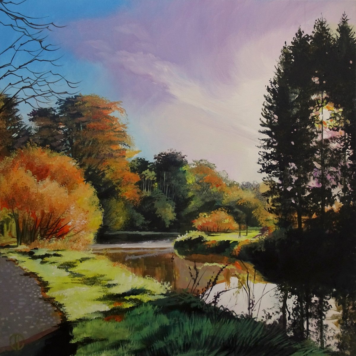 Impressionistic Landscape Acrylic Painting By Joseph Lynch, 20 X 20, Autumn Colours On The Lagan, Original Artwork