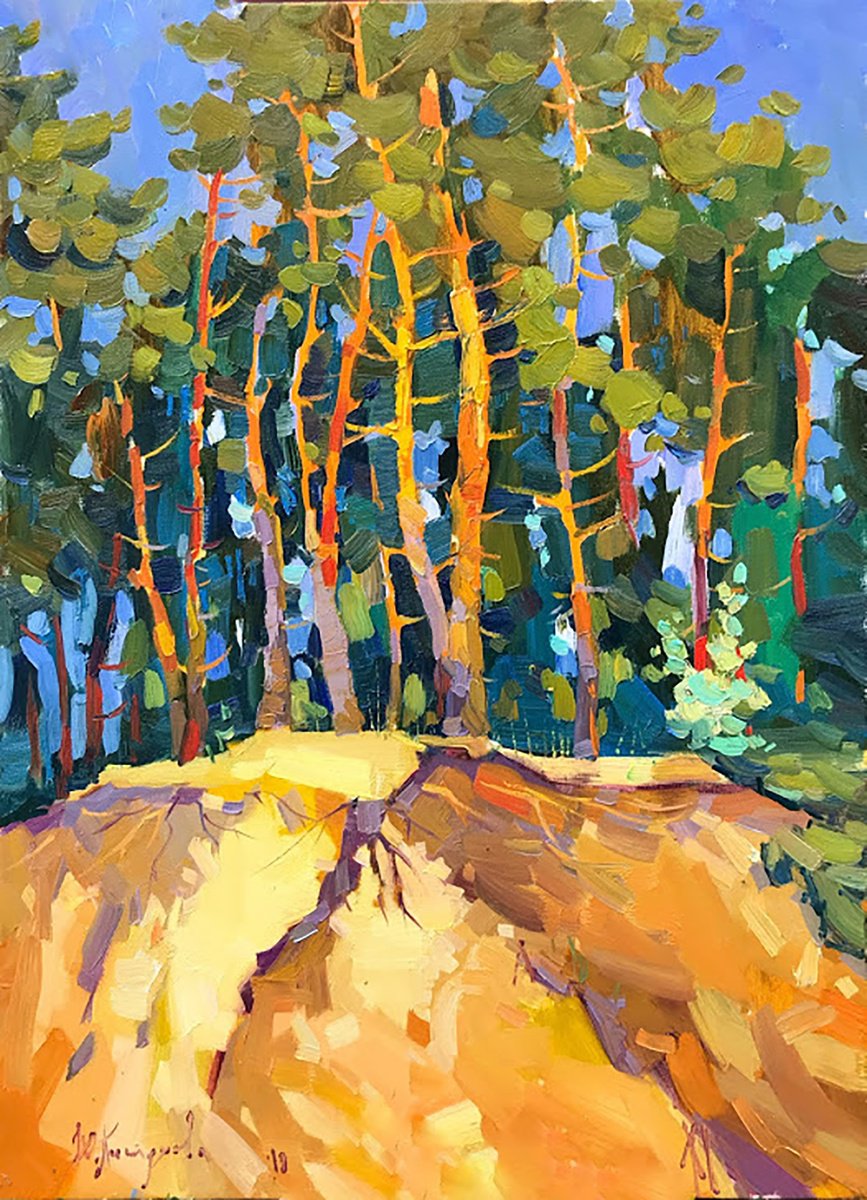 pines landscape forest trees oil paintig by Yuliia Pastukhova