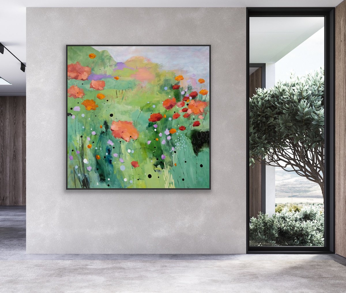 Impressionistic Landscape Acrylic Painting By Chantal Proulx, 59 X 59, Le Retour Des Beaux Jours, Original Artwork