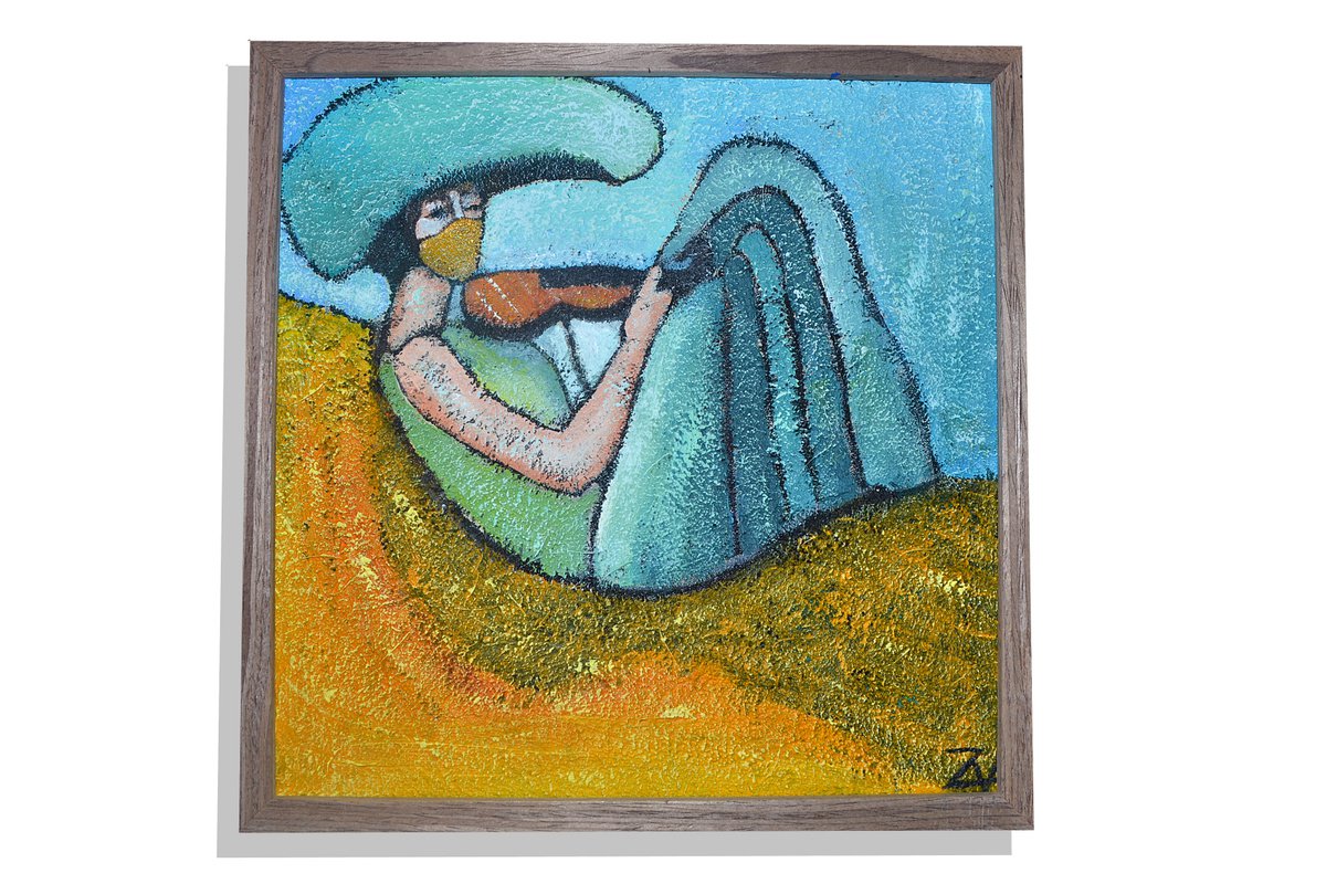Landscape Acrylic Painting By Zhana Viel, 13 X 13", Violin Player (Framed), Original Artwork