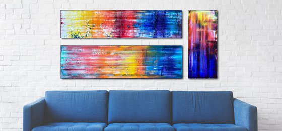 "The Speed Of Color" - FREE SHIPPING - Original PMS Large Oil Painting Triptych on Recycled Wooden Panels - 60 x 28 inches