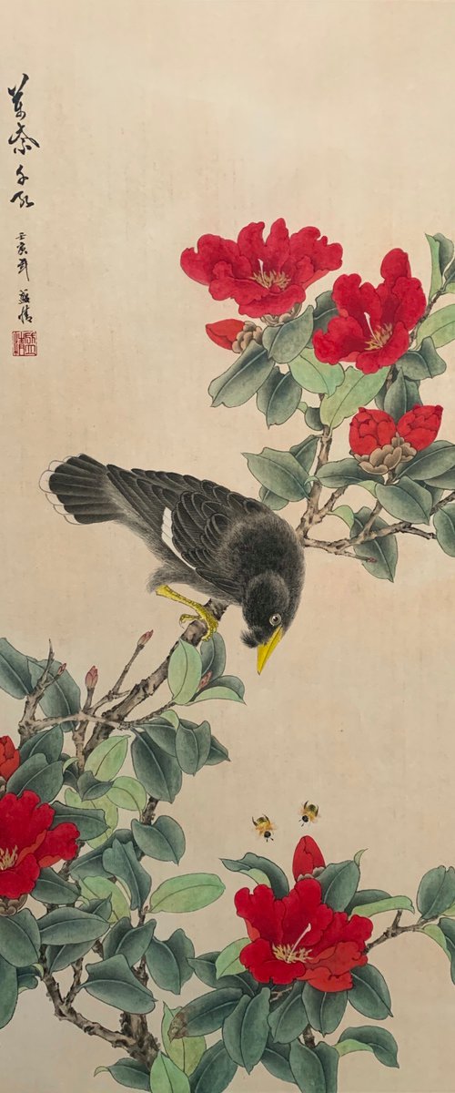 Beautiful Life, Flower&Bird Goingbi Brush Painting, Original Artwork by Fiona Sheng