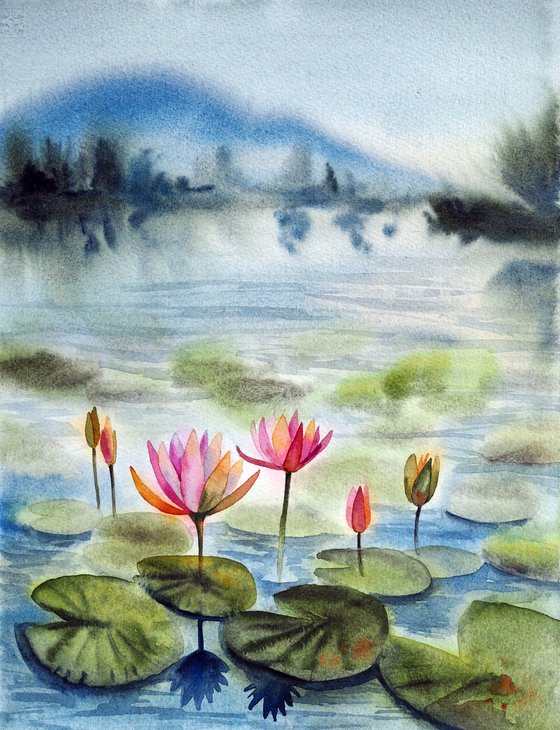 Misty lotus pond