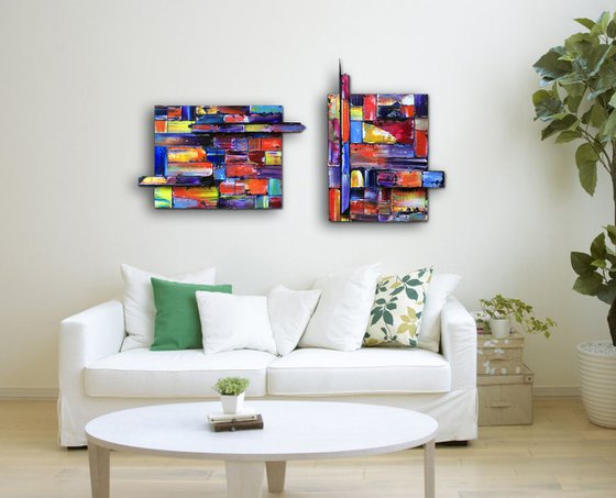 "Get In Shape" - FREE USA SHIPPING - Original Diptych PMS Mixed Media Sculptural Paintings On Wood, Framed -  45 x 26 inches