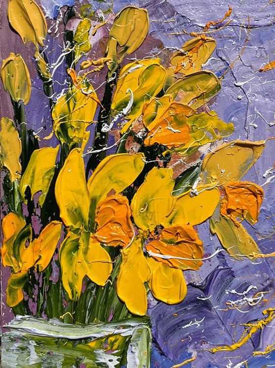 Daffodil Painting Floral Original Art Flower Oil Impasto Artwork Small Wall Art 6 by 8" by Halyna Kirichenko