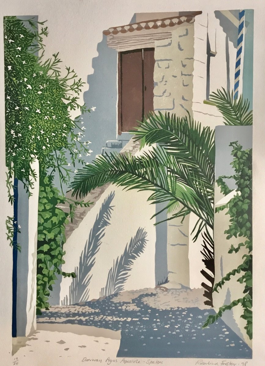 Botanical Linocut By Rosalind Forster, 17 X 23", Doorway Aghios Apostole Spetses, Original Artwork