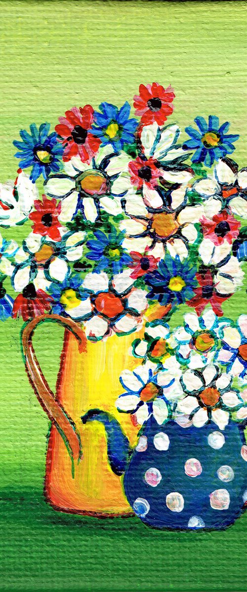 flowers in yellow pot and blue tea pot, original acrylic miniature painting, still life by Diana Aleksanian