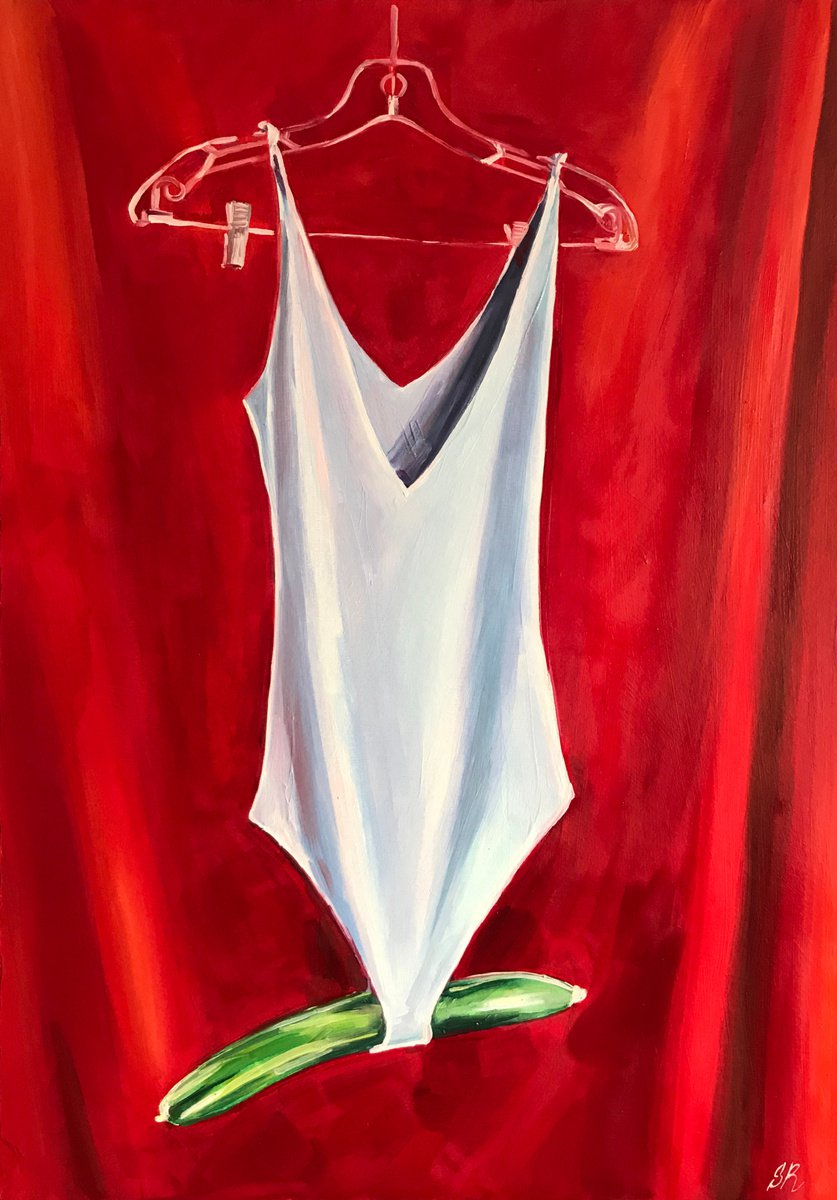 GET DRESSED - oil painting on canvas original gift feminism red silver body green cucumber... by Sasha Robinson