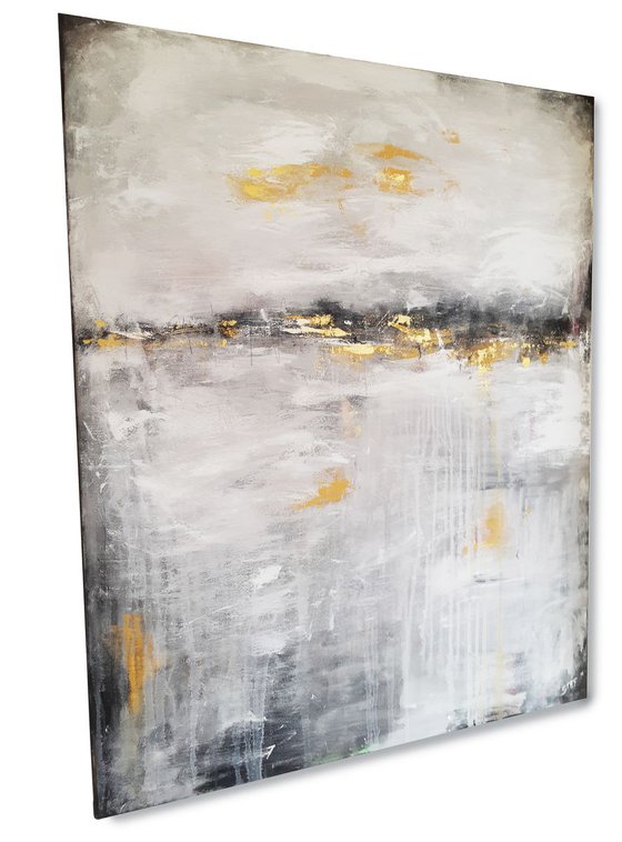 'PATHS AND TRACKS' #3 – abstract landscape in grey, gold and earth shades