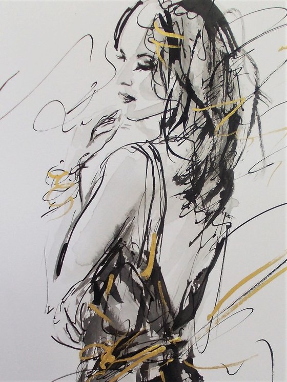 Woman  ink drawing series-Figurative drawing on paper