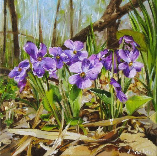 Sweet Violet in the Spring Forest, Woodland Scenery, Realistic Floral by Natalia Shaykina