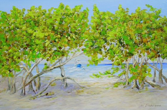 DAY ON THE BEACH. Tropical Island Seascape Painting of Florida Beach and Fishing Boat.