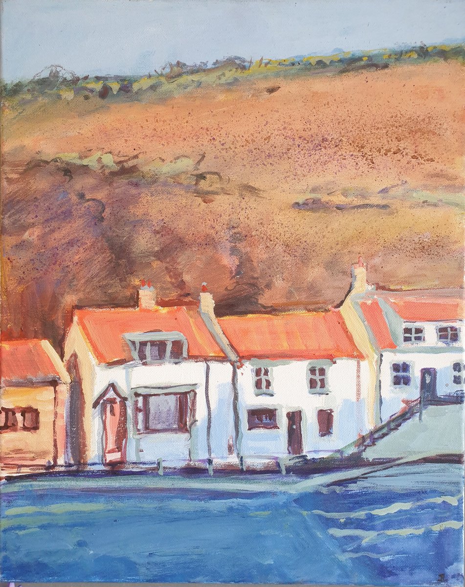 Staithes, houses below cliff by Jean Luce