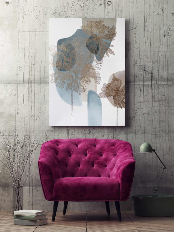 "Thinness 5" Blue gold flowers abstract art