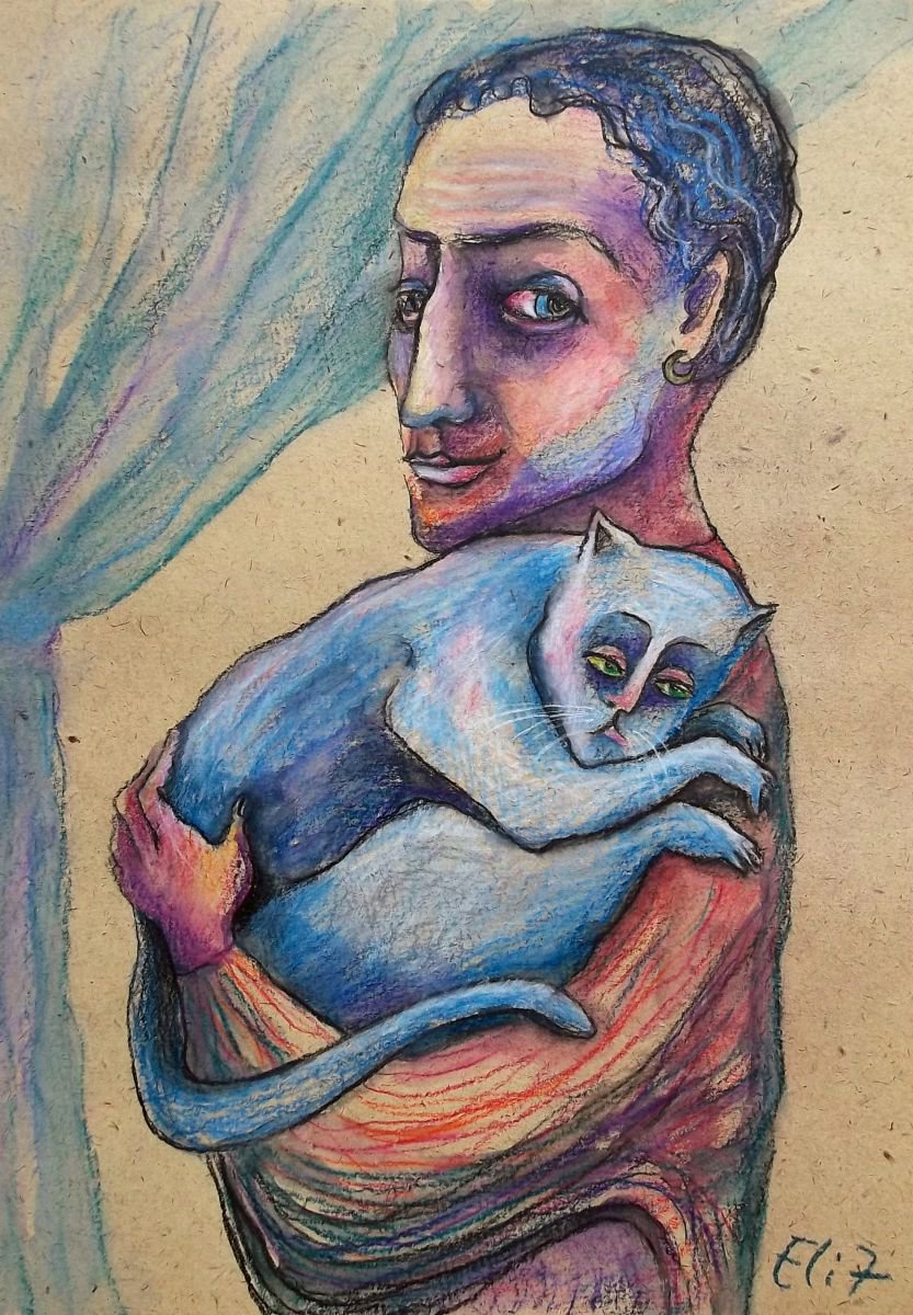 Expressive Animal Pencil Drawing By Elisheva Nesis, 9 X 13, Cat Thief, Original Artwork