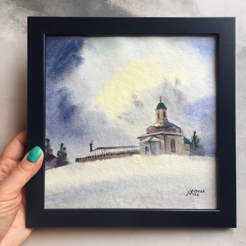 Winter landscape. Church on the hill. by Natalia Veyner