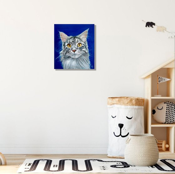 Grey Cat, Cat Oil Painting Maine Coon Original Art Pet Artwork 45x50 cm, ready to hang.