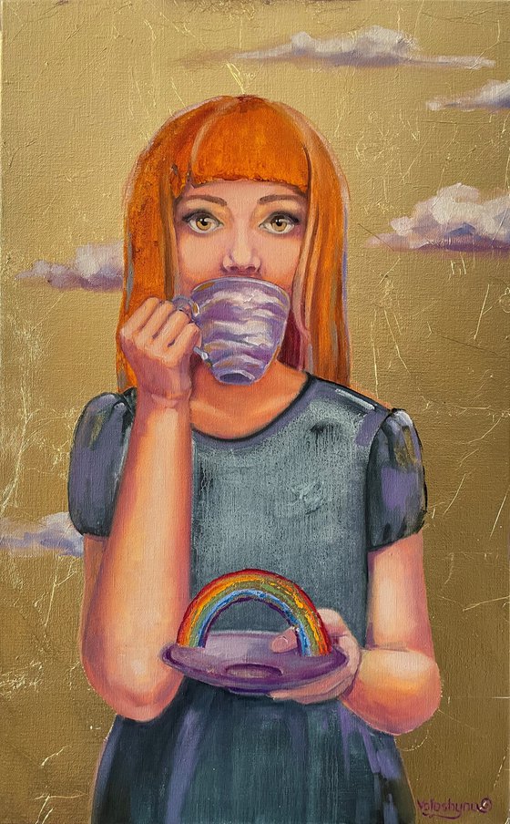 "Rainbow on a saucer". Portrait. Girl. The girl is drinking. Female