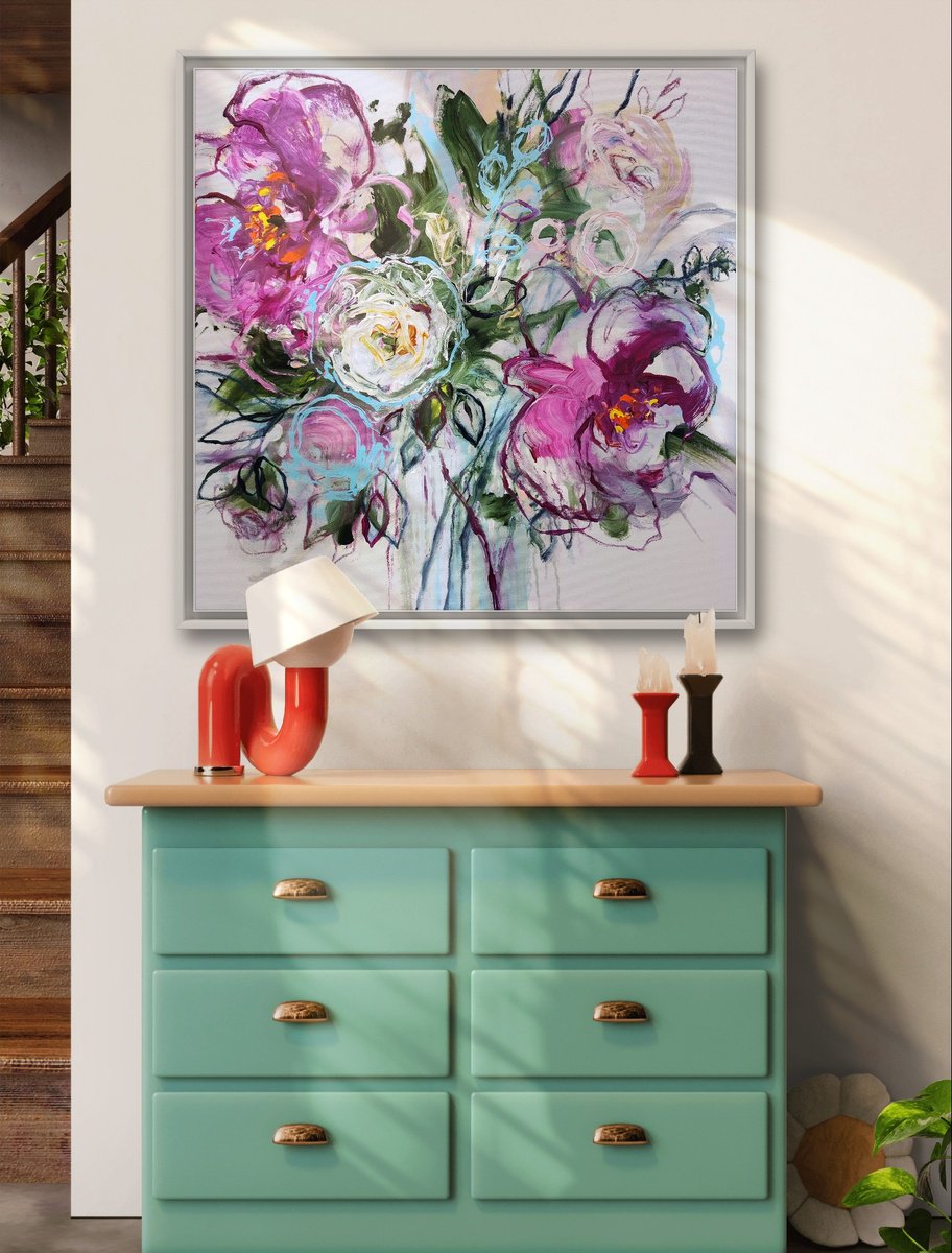 Expressive Botanical Painting By Anna Cher, 33 X 33, Blossom Whispers, Original Artwork