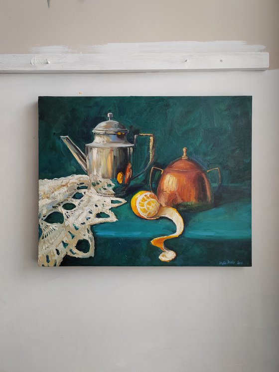 Antique teapot with sugar bowl still life original oil painting 16x20''