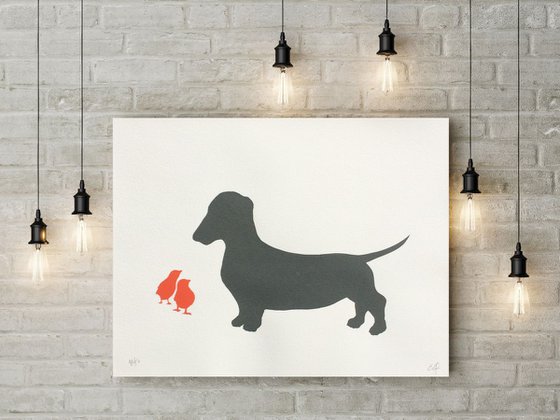 DACHSHUND AND CHICKS-unframed-FREE UK DELIVERY