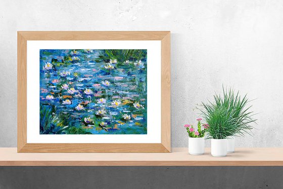 Water Lily Painting Original Art Monet Pond Landscape Artwork Impasto Floral Wall Art