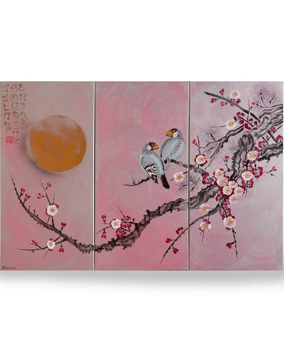 Japanese sakura J320 - large silver pink triptych, original art, japanese style paintings by artist Ksavera