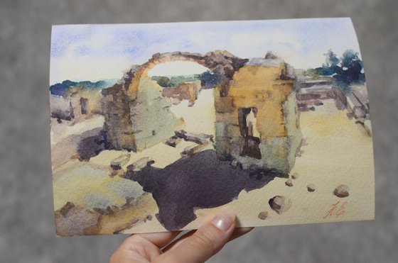 Ruins of Paphos, Small watercolor. Archeology of Cyprus