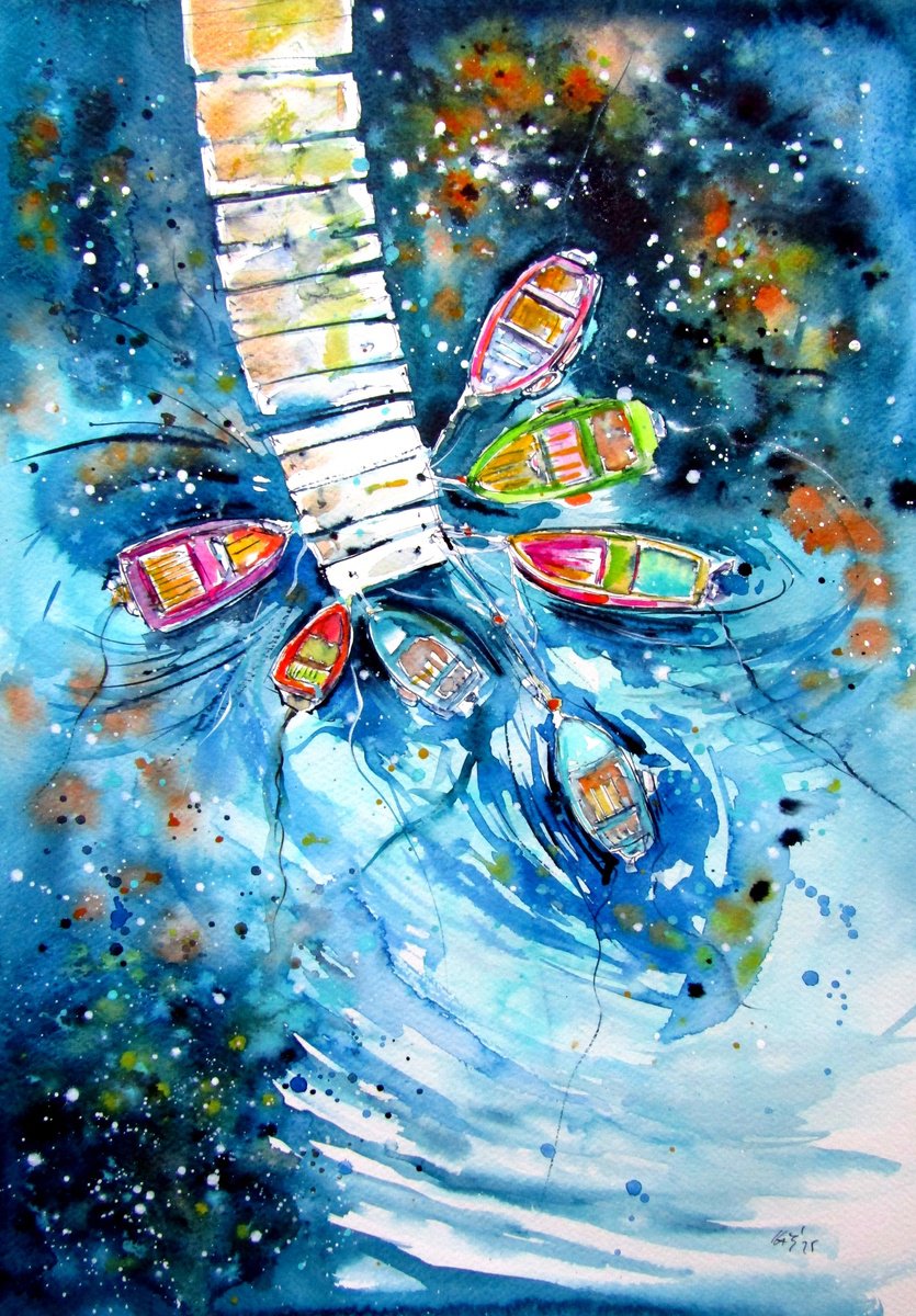 Impressionistic Watercolour , Boats Ii By Kovacs Anna Brigitta, 14 X 20, Artwork For Sale On Artfinder