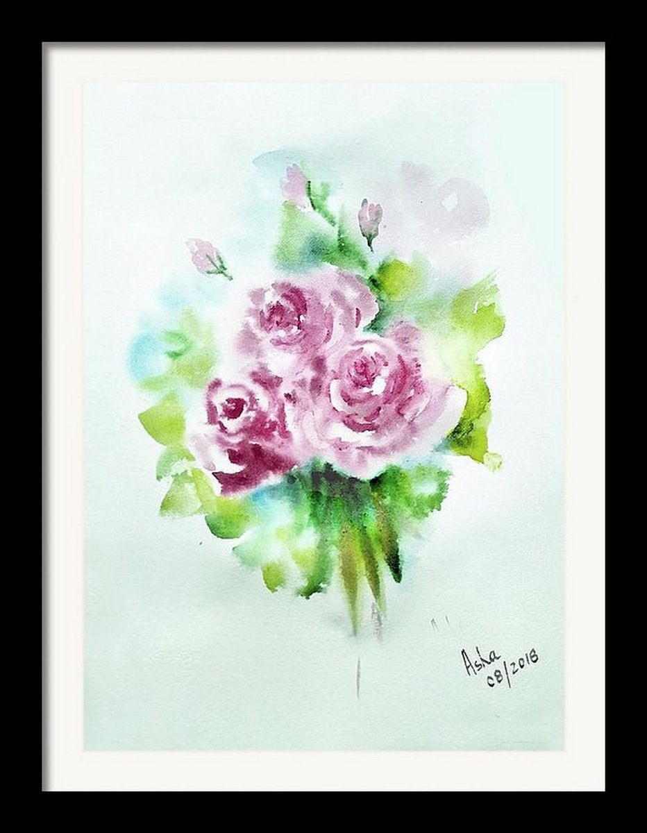 Baby pink Watercolor Roses Flowers Floral painting- 10.25x 14 by Asha Shenoy