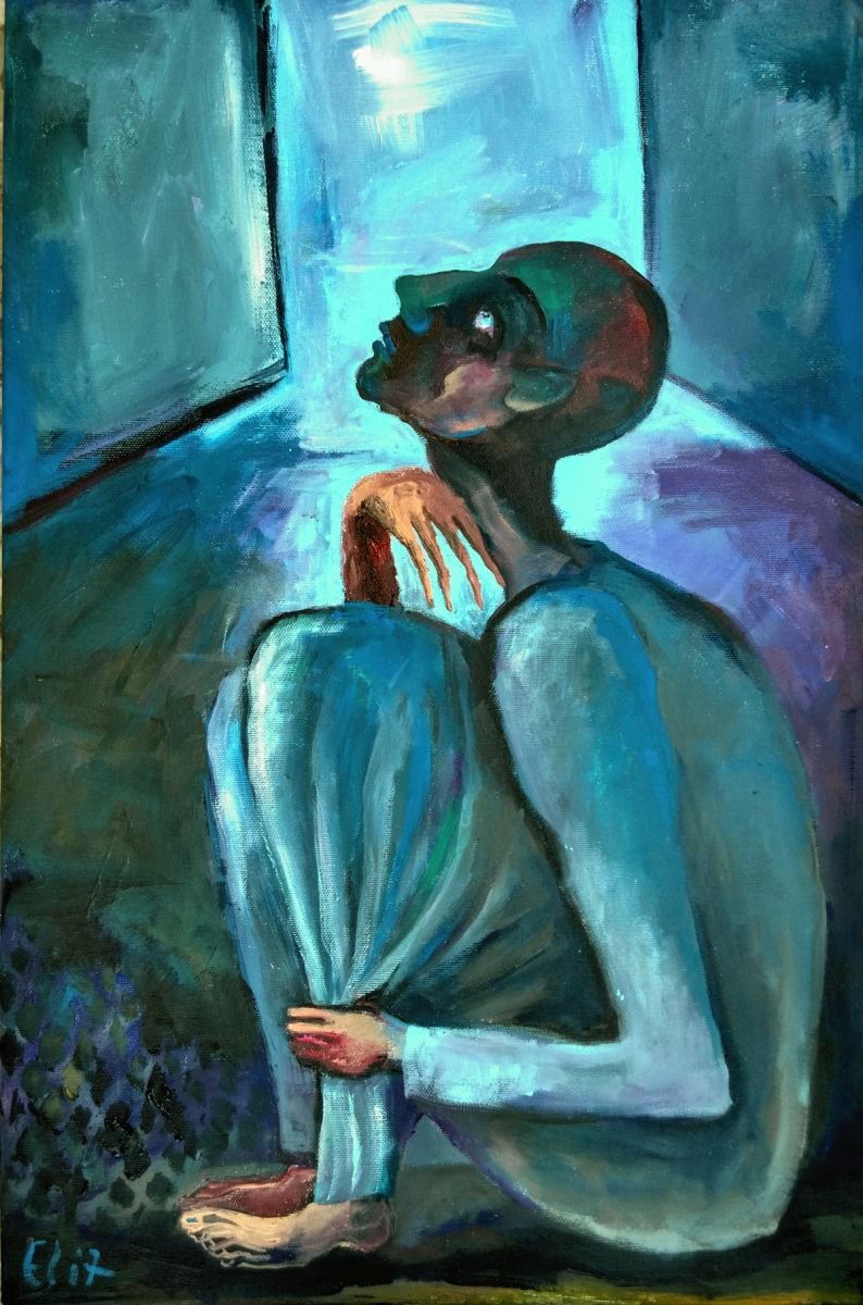 Expressive Portrait Acrylic Painting By Elisheva Nesis, 16 X 24, Repentance, Original Artwork