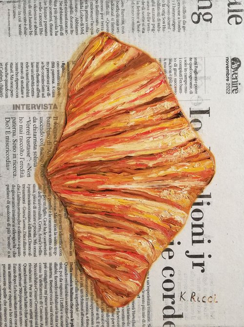 "Croissant on Newspaper " Original Oil on Canvas Board Painting 7 by 10 inches (18x24 cm) by Katia Ricci